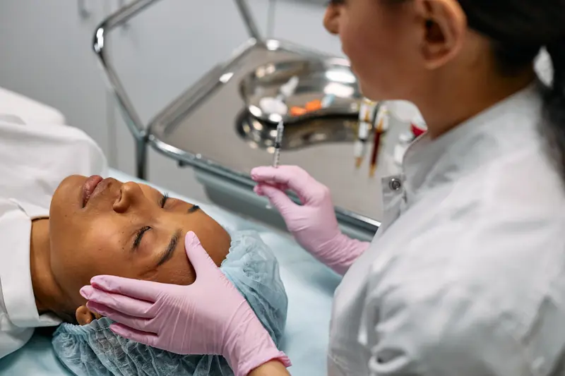 Médica con guantes rosas aplica un neuromodulador en la frente de una paciente relajada con los ojos cerrados