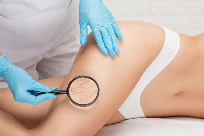 Médico revisa con una lupa la piel de la pierna de una paciente
